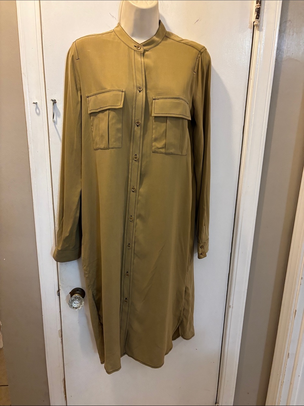 NWT BCBGMaxazria Small Olive SILK Long Shirt Dress NEW 26-369